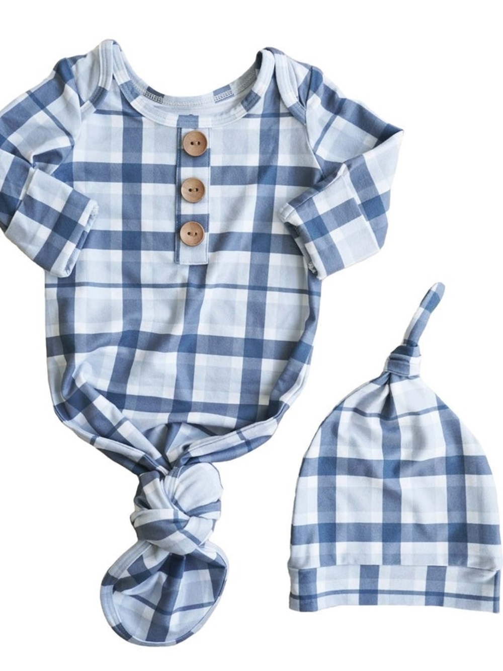 Baby Blue Plaid Knotted Gown + Hat Set